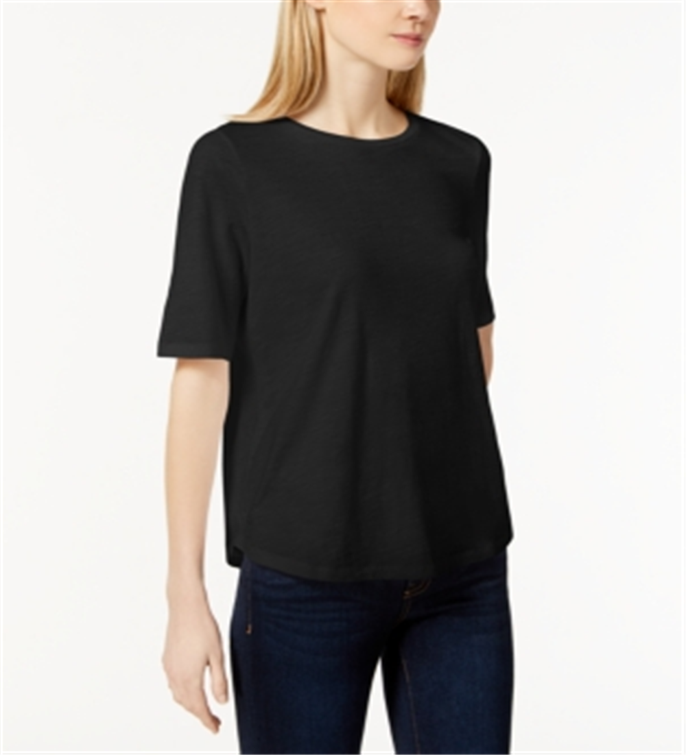 Camiseta feminina Eileen Fisher System de algodão orgânico com gola redonda, preta, tamanho grande