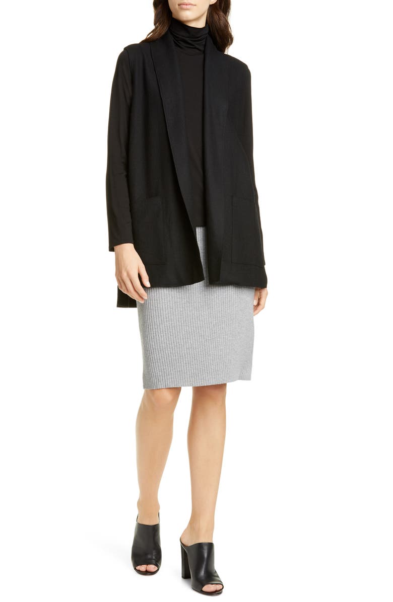 Colete de lã com gola xale feminino Eileen Fisher, preto, tamanho grande