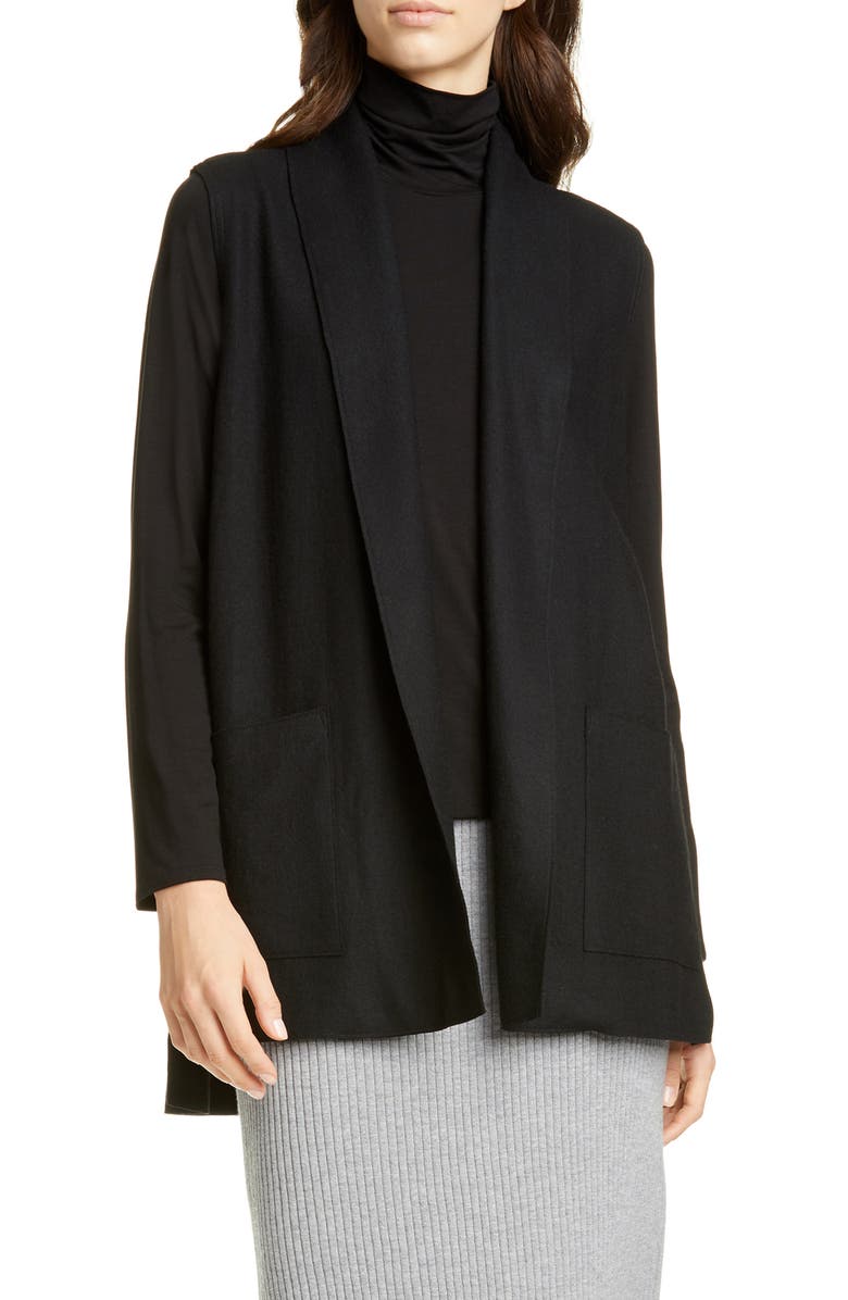 Colete de lã com gola xale feminino Eileen Fisher, preto, tamanho grande