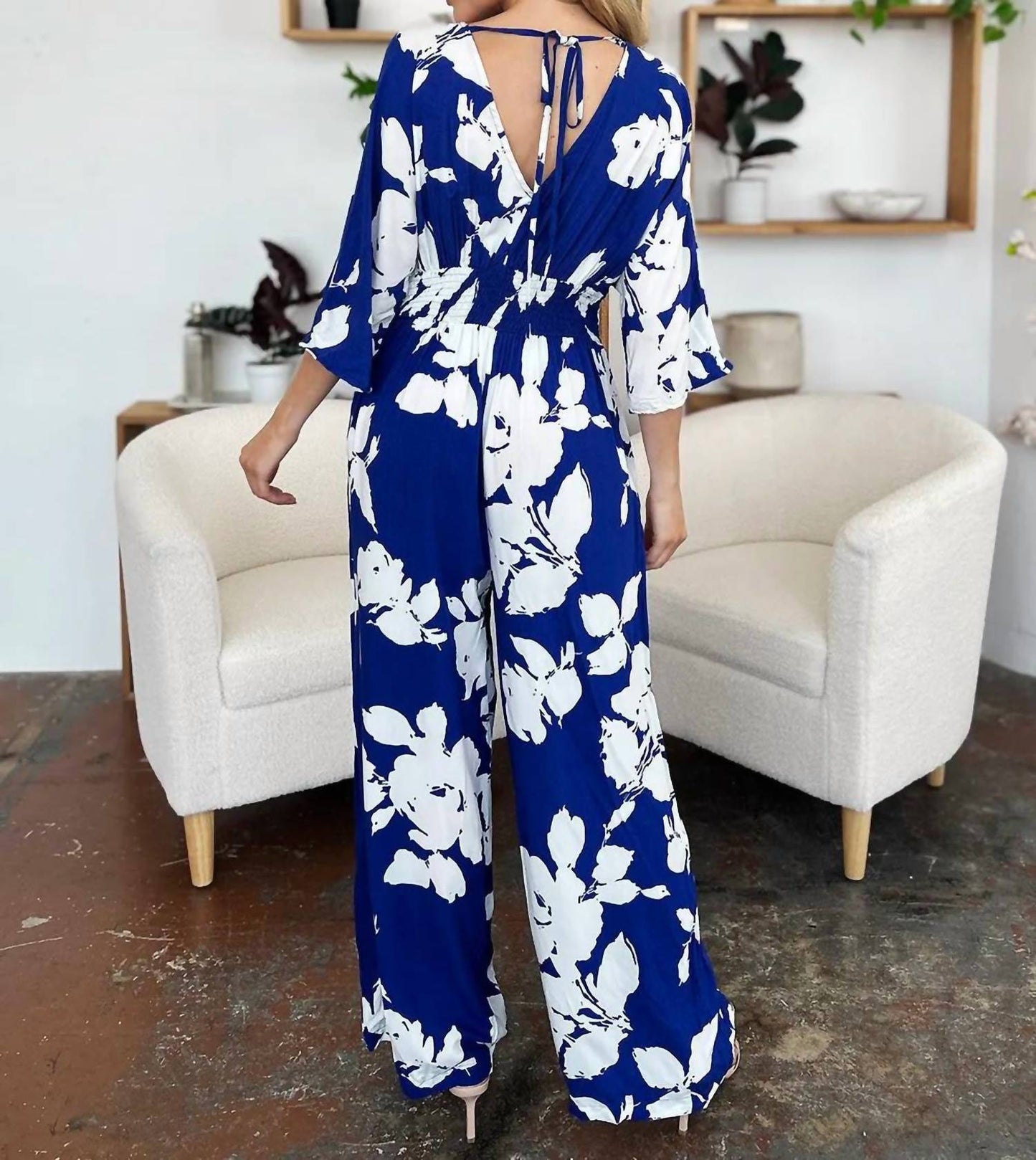 Double Take - Full Size Printed Tie Back Wide Leg Jumpsuit