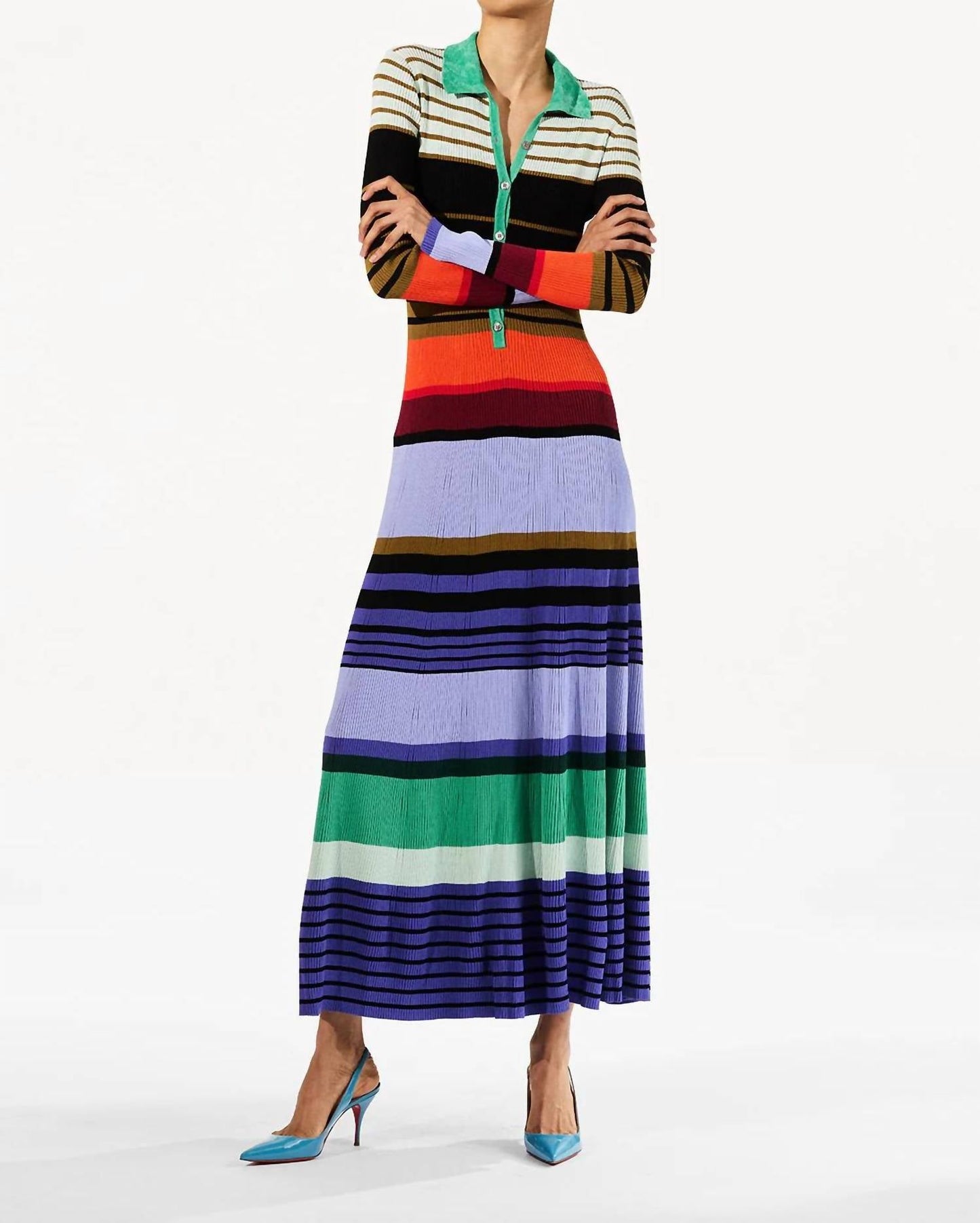 Christopher John Rogers - Striped Ribbed Long Sleeve Maxi Polo Dress