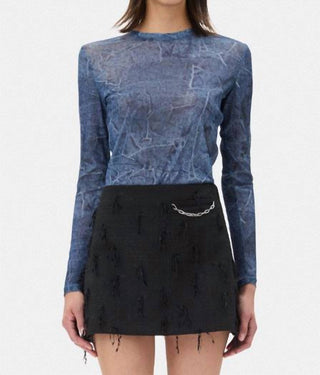 Ganni - Printed Mesh Long Sleeve Crew Neck Top