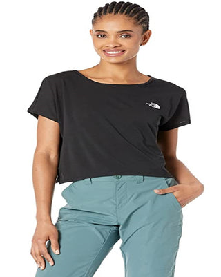 Camiseta feminina The North Face de manga curta com costas cruzadas, preta, tamanho X-S