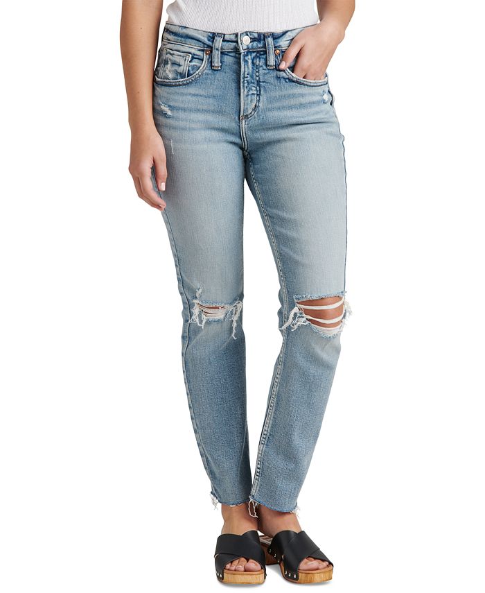 Calça Jeans Feminina Silver Jeans Co. Beau Mid Rise Raw Hem Girlfriend Azul Tamanho 29X28