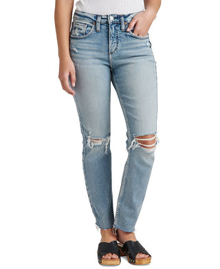 Calça Jeans Feminina Silver Jeans Co. Beau Mid Rise Raw Hem Girlfriend Azul Tamanho 29X28