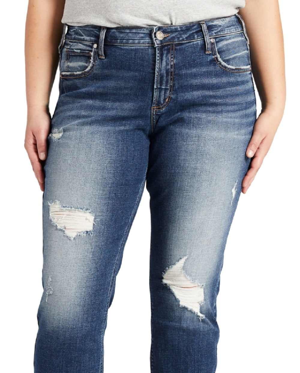 Calça jeans feminina estilo boyfriend, rasgada, reta, azul, tamanho 20W, da Silver Jeans Co.