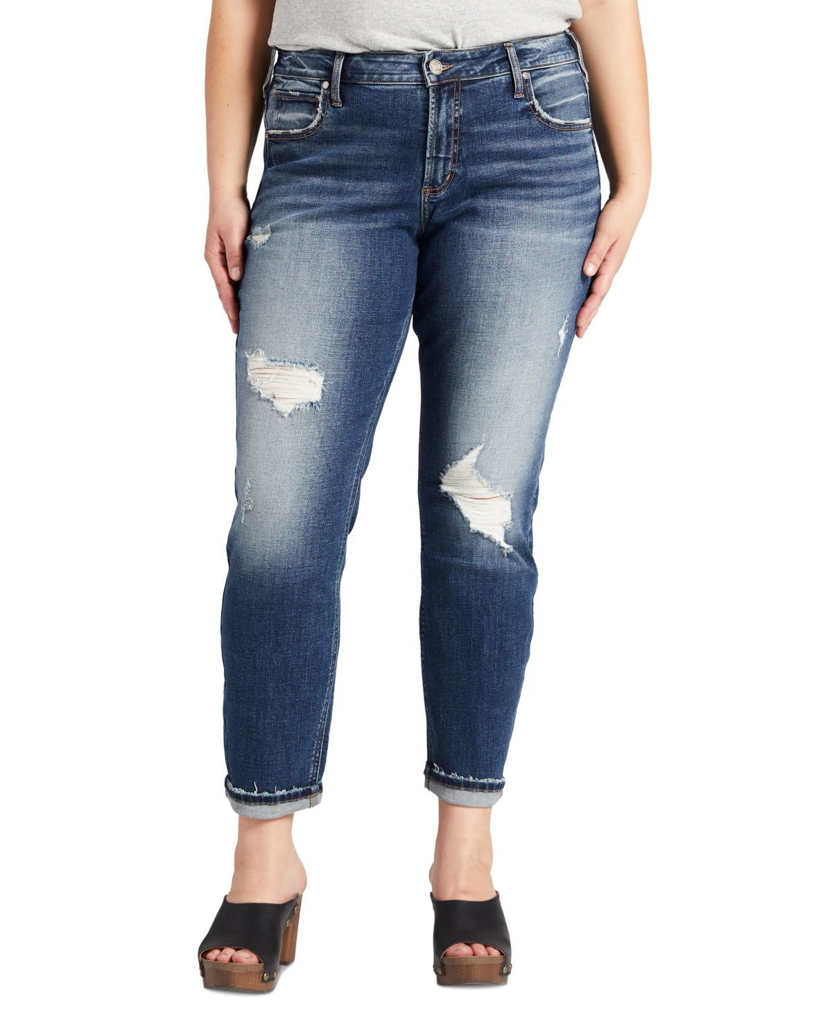 Calça jeans feminina estilo boyfriend, rasgada, reta, azul, tamanho 20W, da Silver Jeans Co.