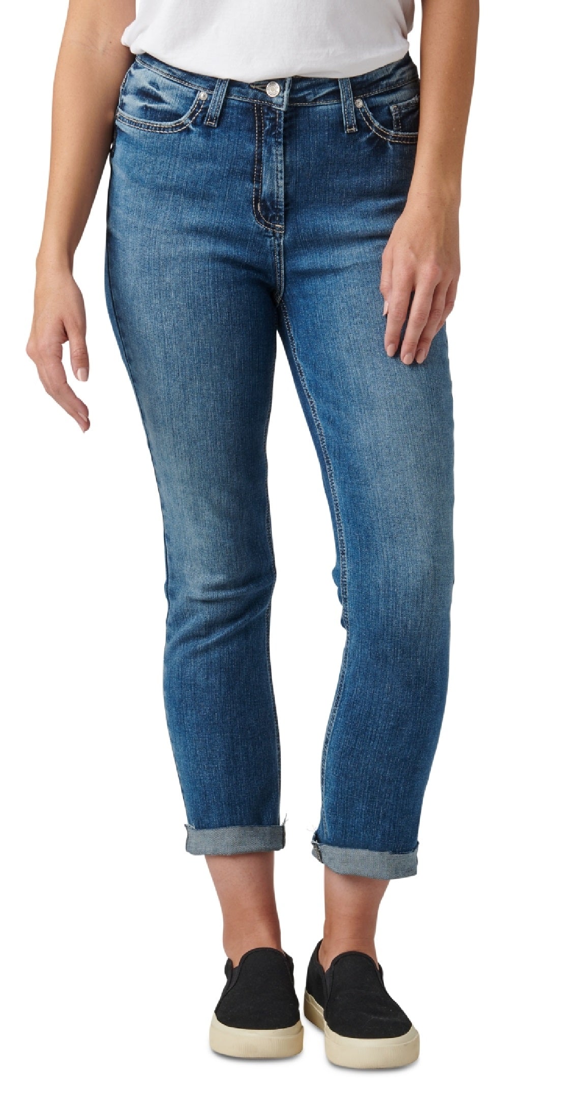 Calça jeans feminina slim Girlfriend da Silver Jeans Co., azul, tamanho 30x29