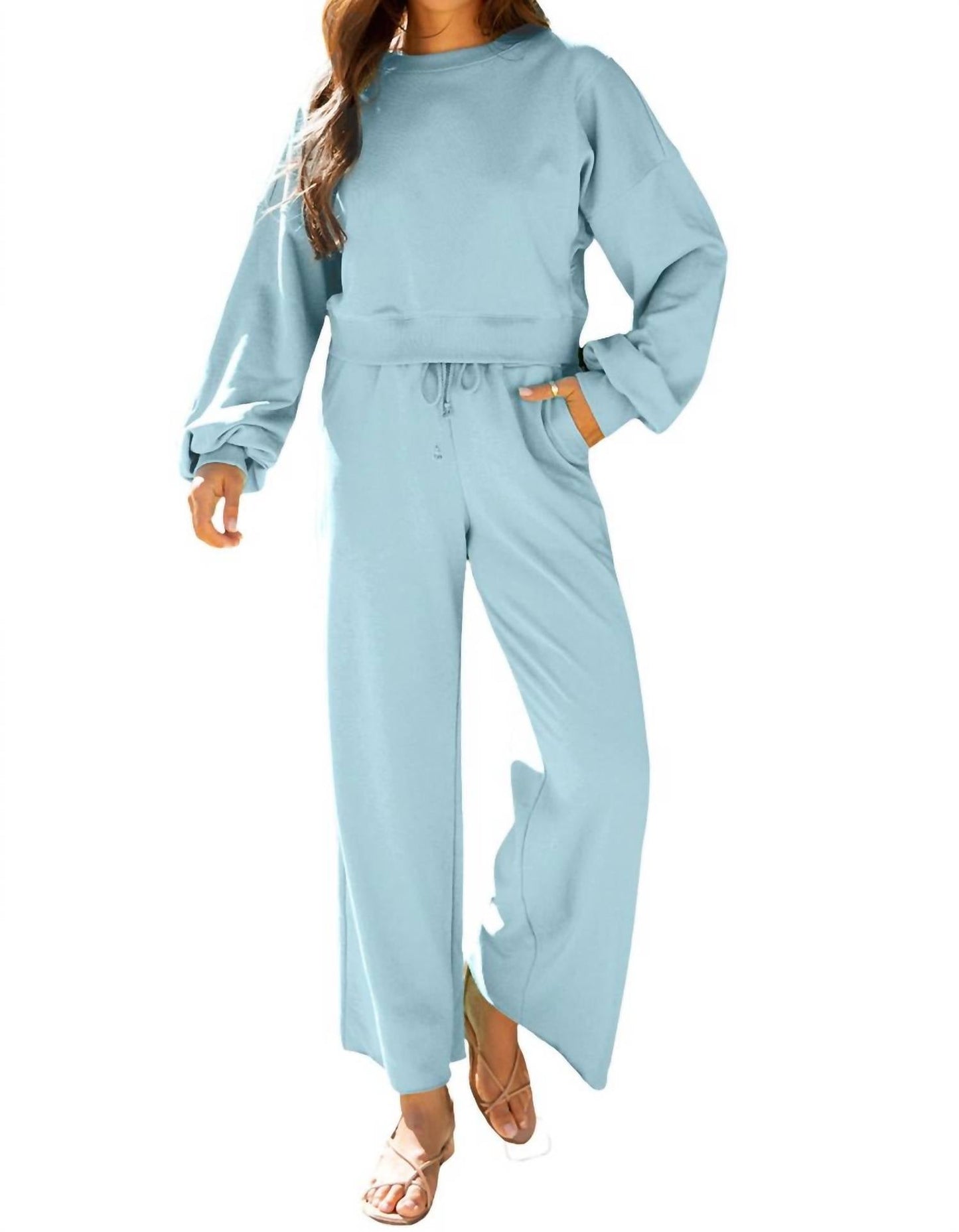 Aapparella - Crewneck Terry Top With Wide Leg Raw Edge Bottoms Set
