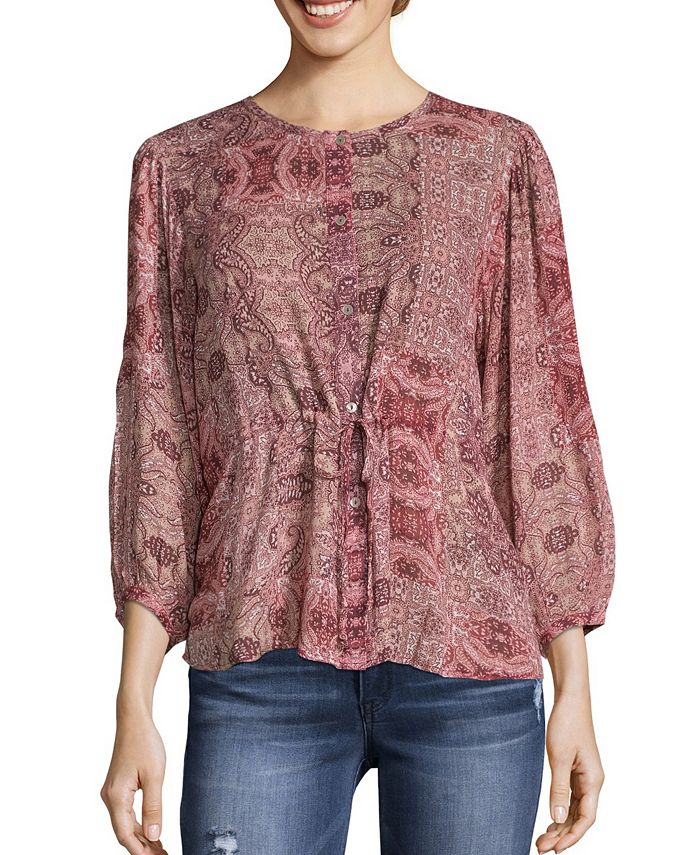 Blusa estampada com cintura franzida feminina John Paul Richard, tamanho grande, roxa
