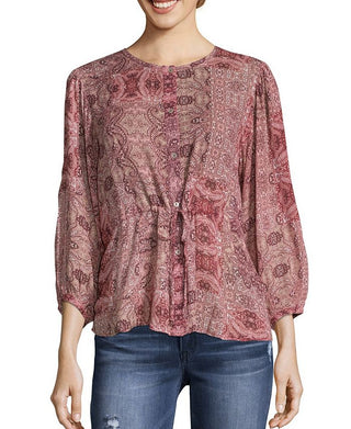 Blusa estampada com cintura franzida feminina John Paul Richard, tamanho grande, roxa