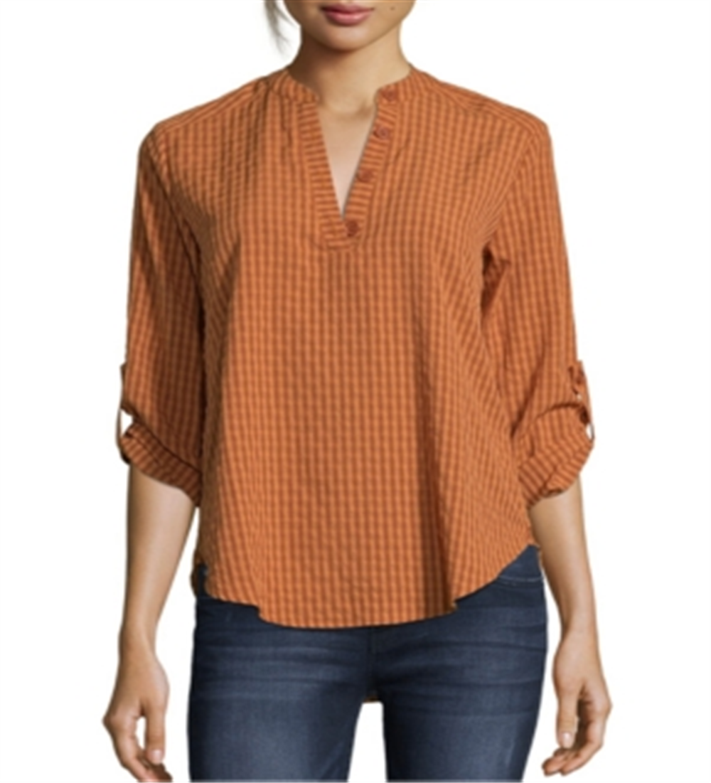 Blusa feminina John Paul Richard com estampa xadrez e aba dobrada, tamanho pequeno, laranja, tamanho extragrande