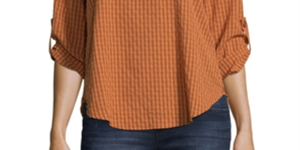Blusa feminina John Paul Richard com estampa xadrez e aba dobrada, tamanho pequeno, laranja, tamanho extragrande