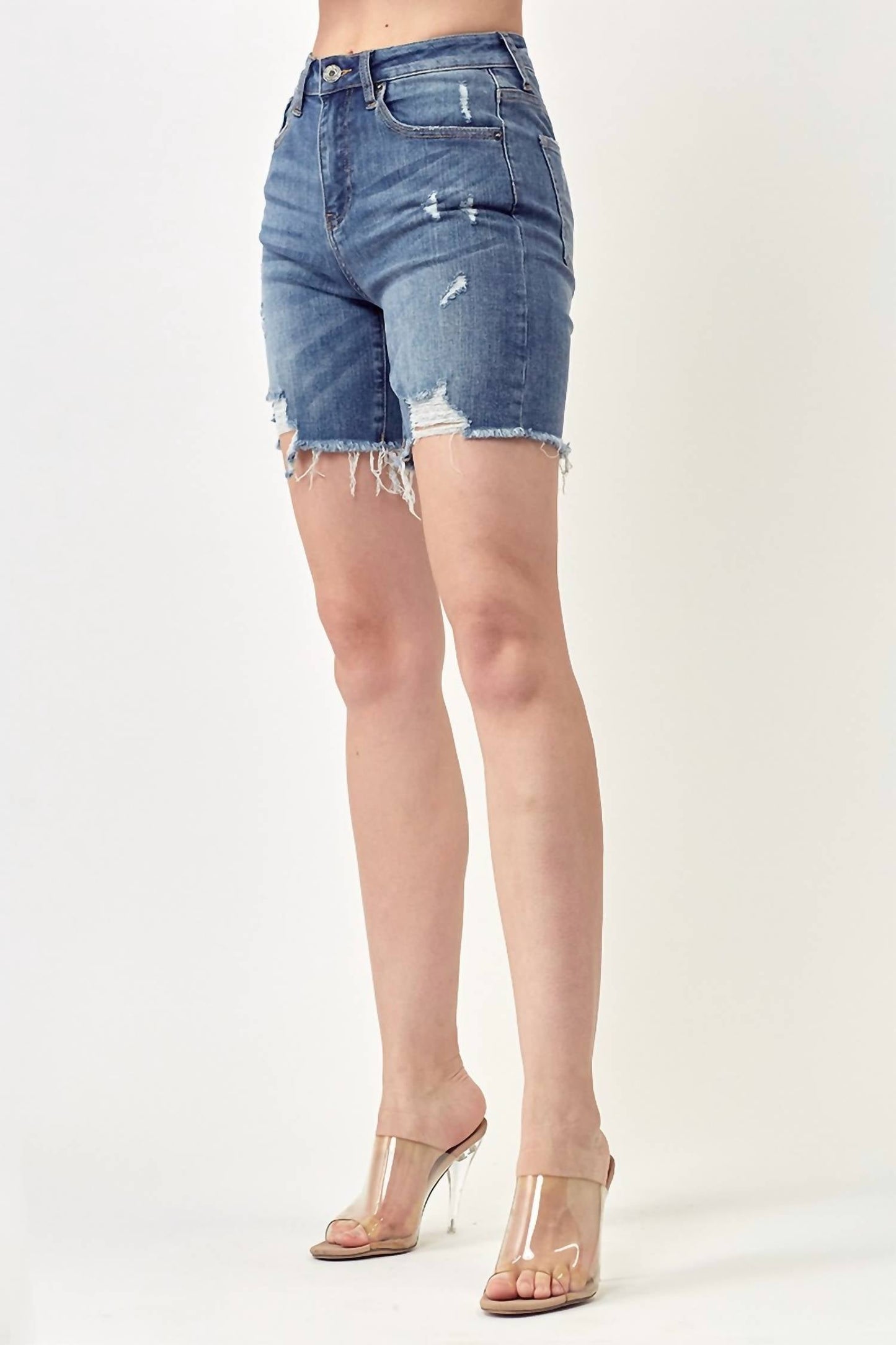 Risen - Distressed High Rise Thigh Shorts - Plus