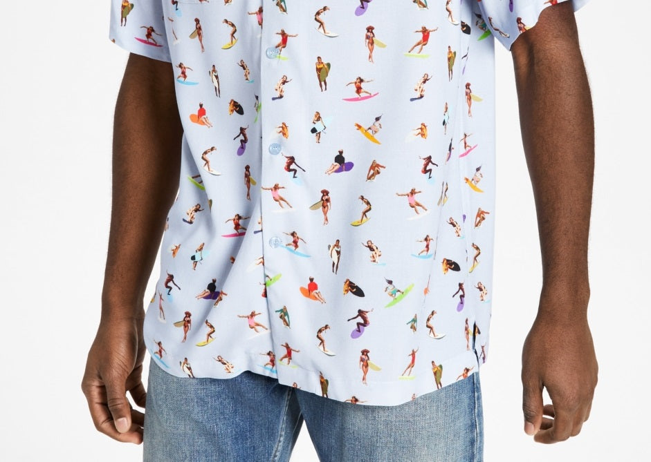 Camisa masculina de acampamento com estampa de surfista e ajuste regular Crwth, azul, tamanho médio