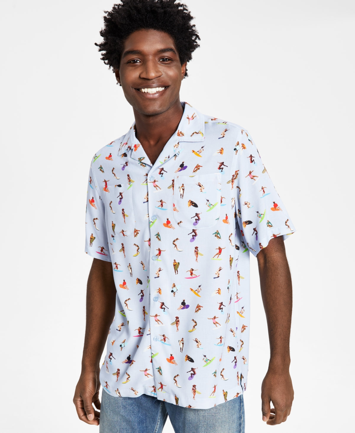 Camisa masculina de acampamento com estampa de surfista e ajuste regular Crwth, azul, tamanho médio