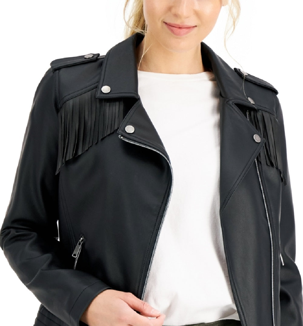 Jaqueta de couro sintético com franjas Coffeeshop Junior's, preta, tamanho extrapequeno