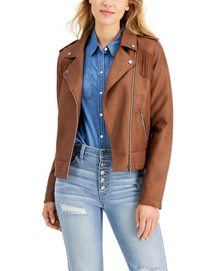 Coffeeshop Junior's Faux Leather Fringe Moto Jacket Brown Size Small