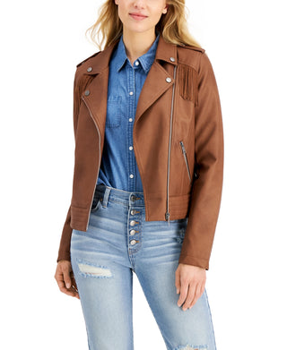 CoffeeShop Junior's Faux Leather Fringe Moto Jacket Brown Size Medium