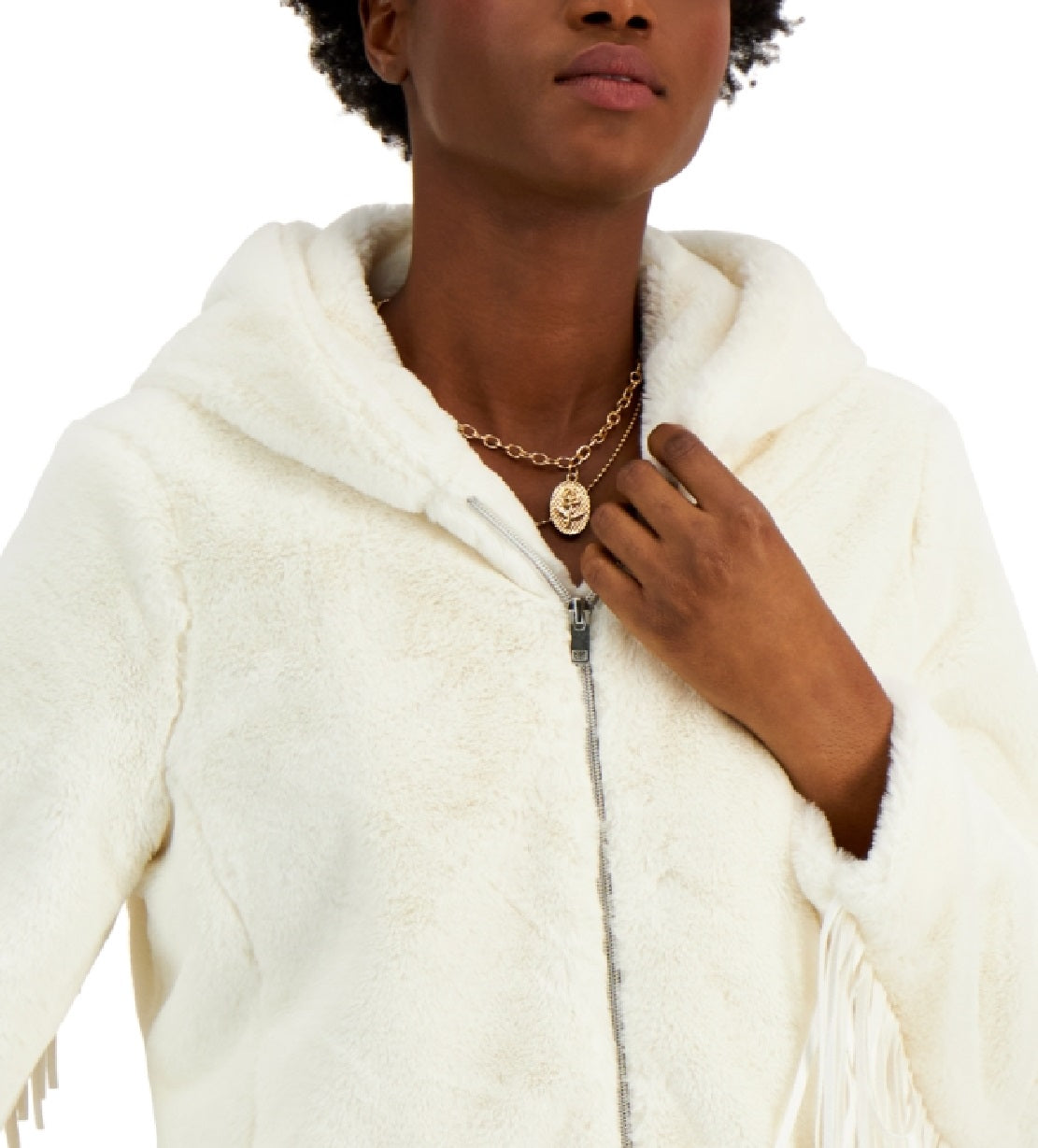 Casaco sintético com capuz e franjas Coffeeshop Junior, branco, tamanho médio