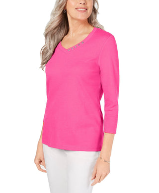 Karen Scott Blusa feminina de algodão com decote em V e acabamento em botões, rosa, tamanho extrapequeno