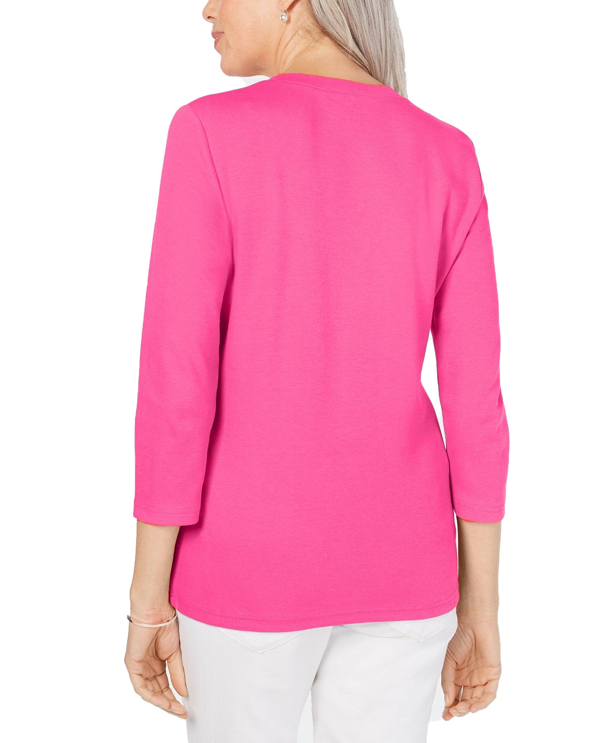 Karen Scott Blusa feminina de algodão com decote em V e acabamento em botões, rosa, tamanho extrapequeno