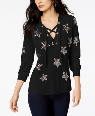 Moletom com capuz feminino com estampa de estrela da INC International Concepts, preto, tamanho pequeno