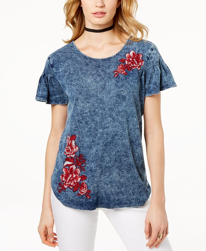 Blusa feminina com decote redondo e babados bordados da INC International Concepts, azul, tamanho médio