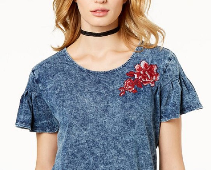 Blusa feminina com decote redondo e babados bordados da INC International Concepts, azul, tamanho médio
