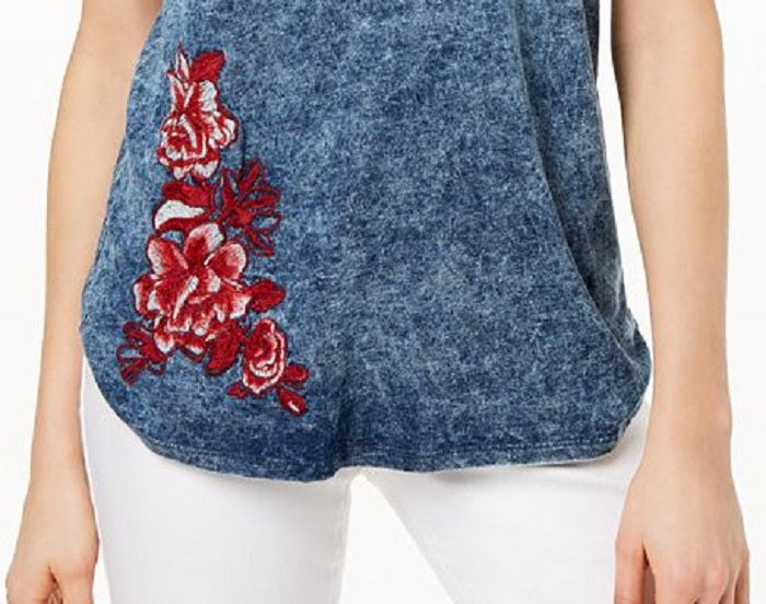 Blusa feminina com decote redondo e babados bordados da INC International Concepts, azul, tamanho médio