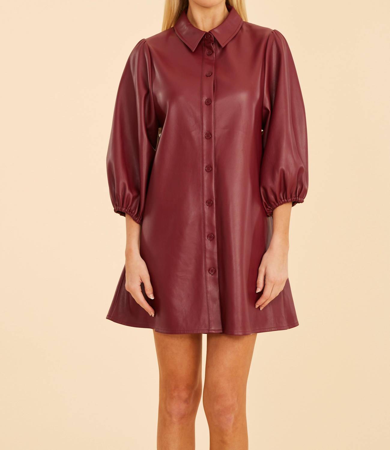 Dolce Cabo - Puff Sleeves Faux Leather Dress