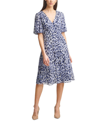 Jessica Howard Women's Cheetah-Print Midi Dress Blue Size 14 Petite