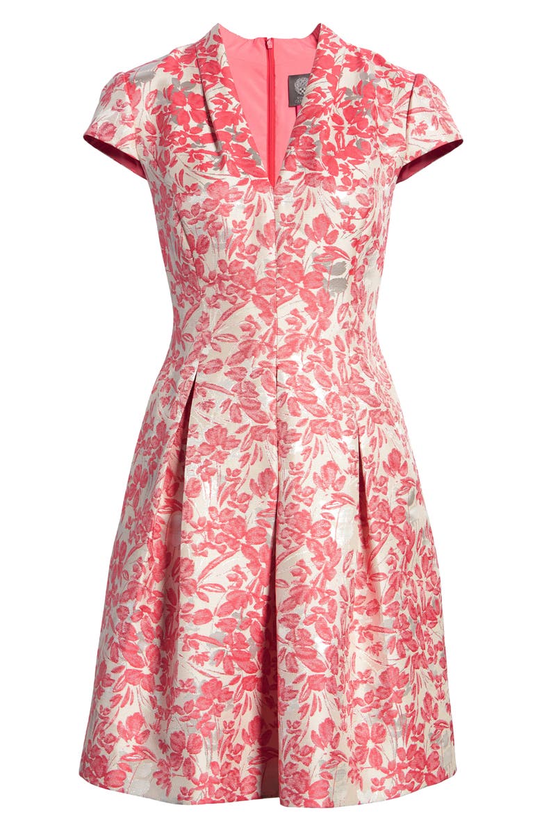 Vestido feminino Vince Camuto com corte evasê e estampa floral metálica em jacquard, laranja, tamanho 8