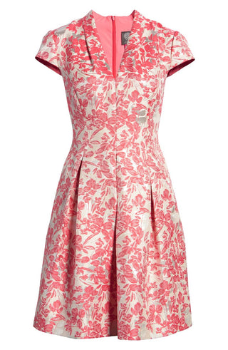 Vestido feminino Vince Camuto com corte evasê e estampa floral metálica em jacquard, laranja, tamanho 8