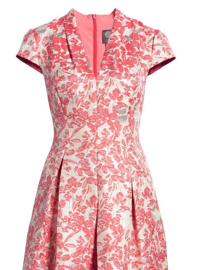 Vestido feminino Vince Camuto com corte evasê e estampa floral metálica em jacquard, laranja, tamanho 8