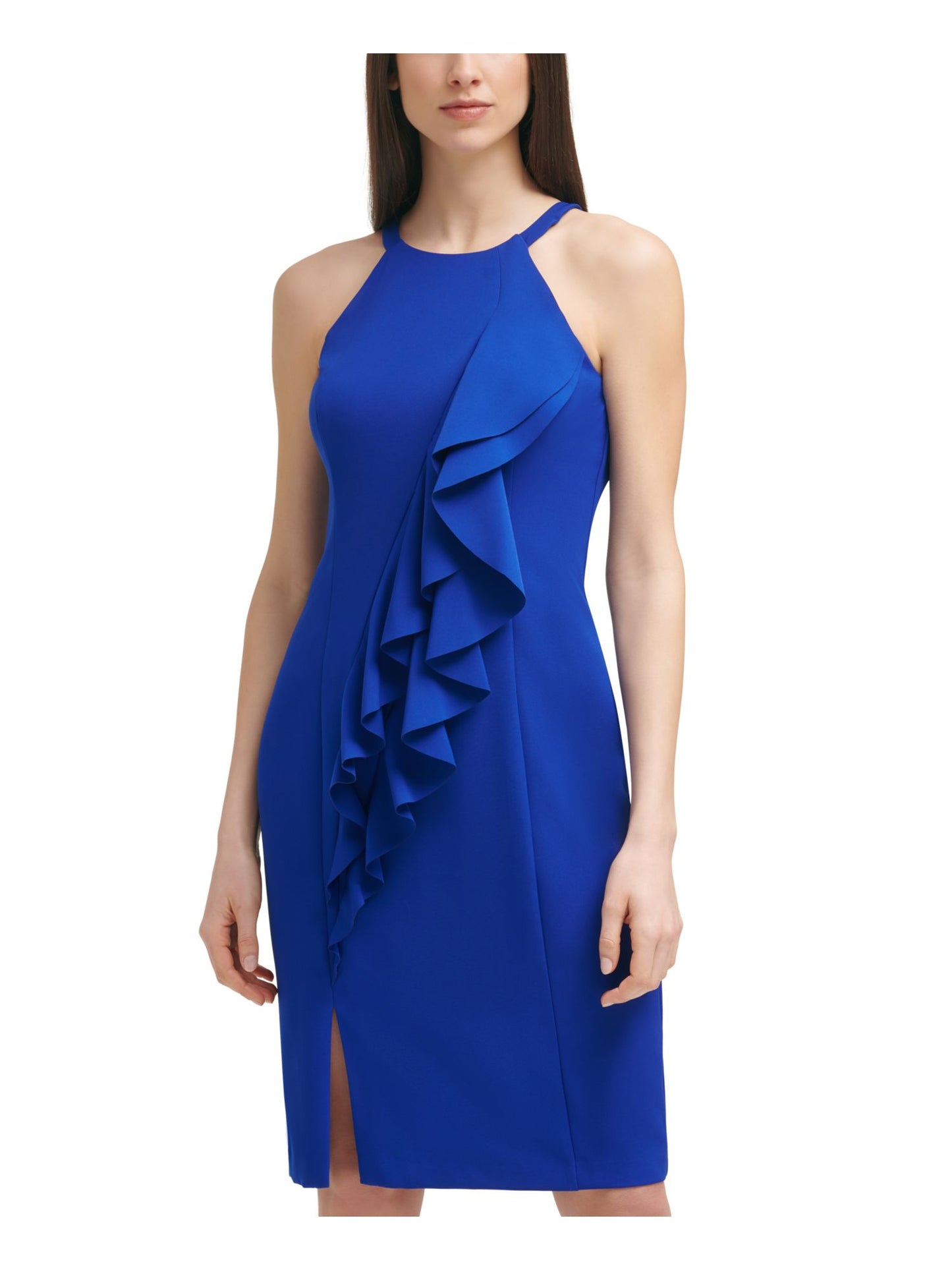 Vestido justo feminino Vince Camuto com decote halter e crepe Laguna, azul, tamanho 14