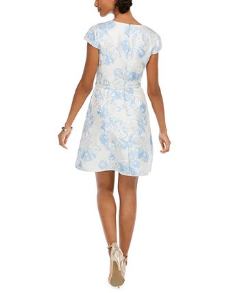 Vestido jacquard com cinto feminino Vince Camuto, azul, tamanho 8