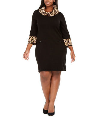 Vestido feminino plus size com estampa animal e acabamento em decote profundo, preto, tamanho 1X, da Jessica Howard