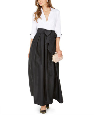 Vestido formal feminino Jessica Howard com cinto, bloco de cores, manga 3/4, gola, maxi fit, flare, branco, tamanho 6, pequeno