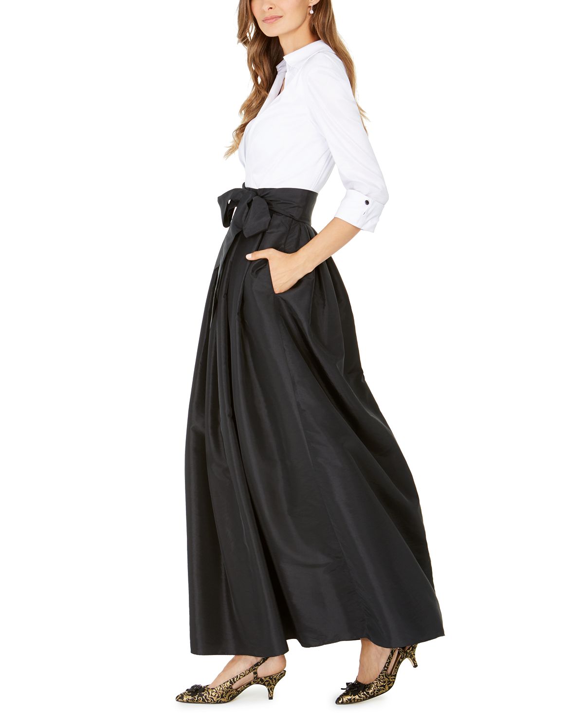 Vestido formal feminino Jessica Howard com cinto, bloco de cores, manga 3/4, gola, maxi fit, flare, branco, tamanho 6, pequeno