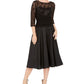 Vestido de festa feminino Jessica Howard com lantejoulas, manga 3/4, decote ilusão, abaixo do joelho, ajuste flare, preto, tamanho 4 pequeno