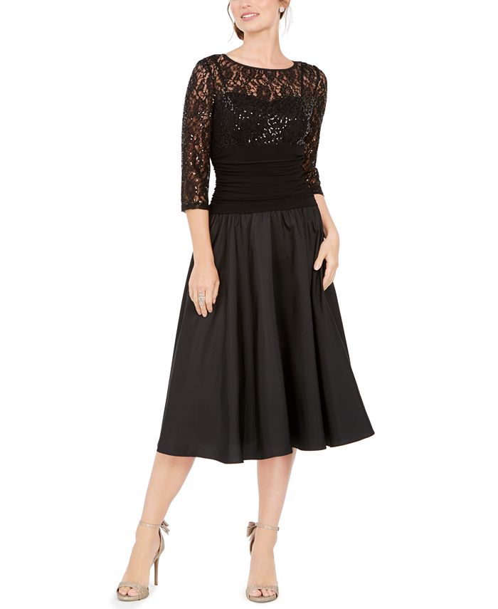 Vestido de festa feminino Jessica Howard com lantejoulas, manga 3/4, decote ilusão, abaixo do joelho, ajuste flare, preto, tamanho 4 pequeno