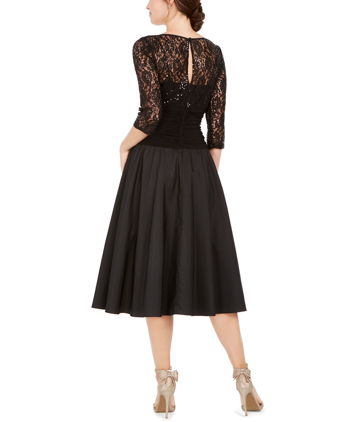 Vestido de festa feminino Jessica Howard com lantejoulas, manga 3/4, decote ilusão, abaixo do joelho, ajuste flare, preto, tamanho 4 pequeno
