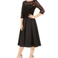 Vestido de festa feminino Jessica Howard com lantejoulas, manga 3/4, decote ilusão, abaixo do joelho, ajuste flare, preto, tamanho 4 pequeno