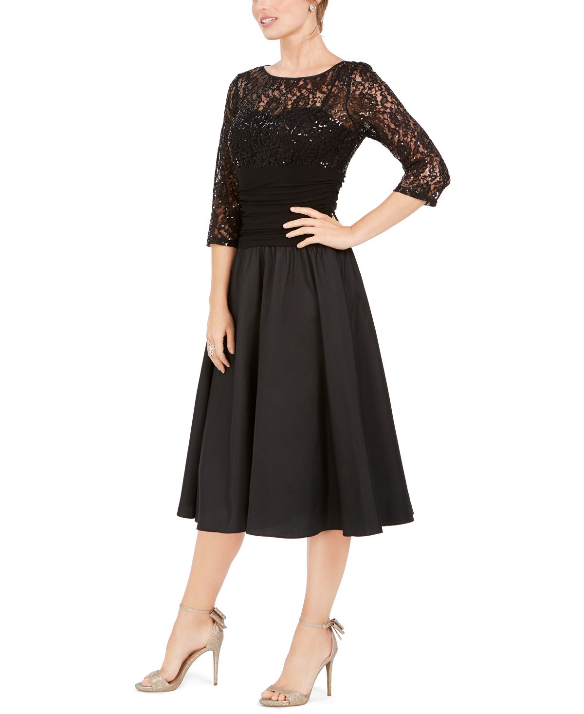 Vestido de festa feminino Jessica Howard com lantejoulas, manga 3/4, decote ilusão, abaixo do joelho, ajuste flare, preto, tamanho 4 pequeno