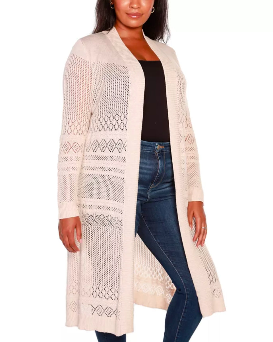Belldini Cardigan Feminino Plus Pointelle Stitch Duster Rosa Tamanho 1X