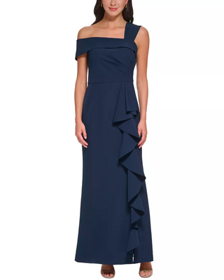 Vestido feminino Vince Camuto com babados e ombros de fora, azul-marinho, tamanho 4