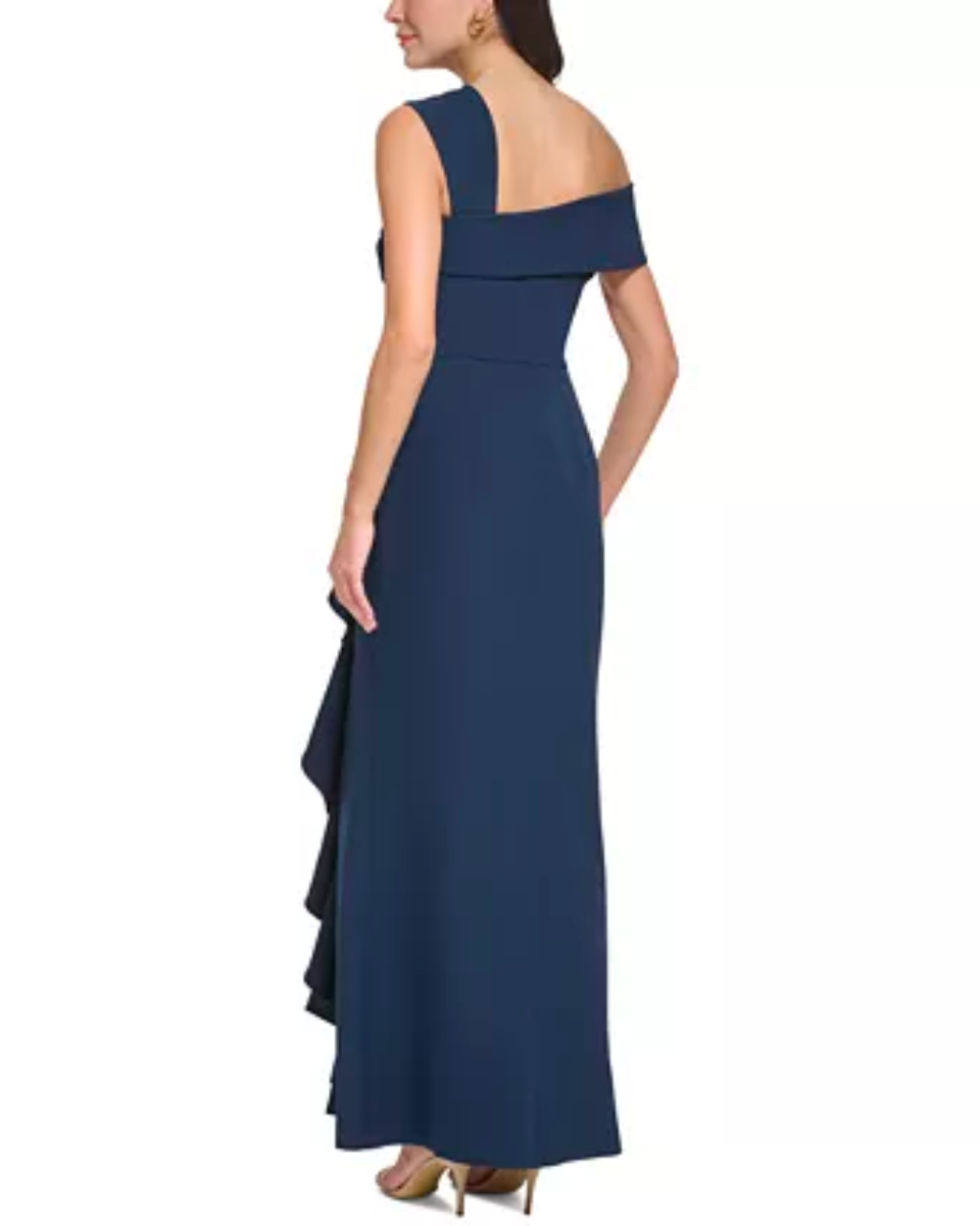 Vestido feminino Vince Camuto com babados e ombros de fora, azul-marinho, tamanho 4