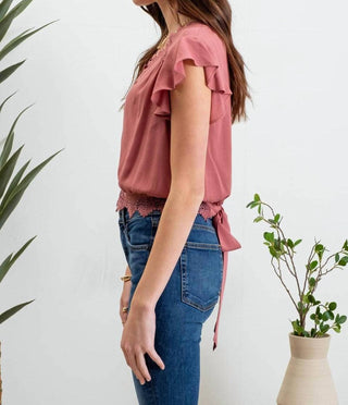 Blu Pepper - Top curto de manga curta com acabamento em renda e amarração nas costas