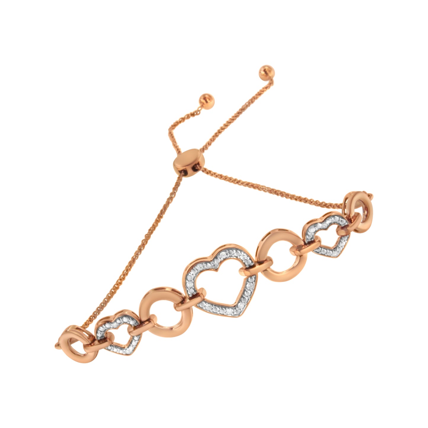 14K Rose Gold Plated .925 Sterling Silver Diamond Accent Circle and Heart Link Adjustable 6�������-10������� Bolo Bracelet